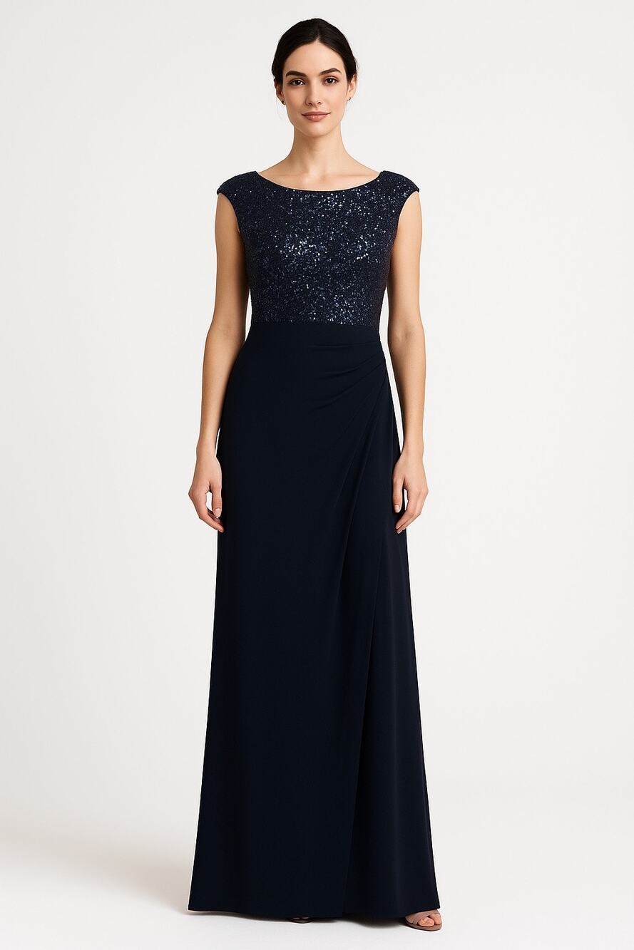 Lauren Ralph Lauren Evening Gown 2010s Navy Sequin Bodice Draped Skirt 8P